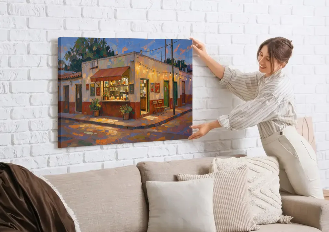 Mexican Restaurant Decor Taqueria Corner at Dusk canvas wall art being hung on a white brick wall above a sofa