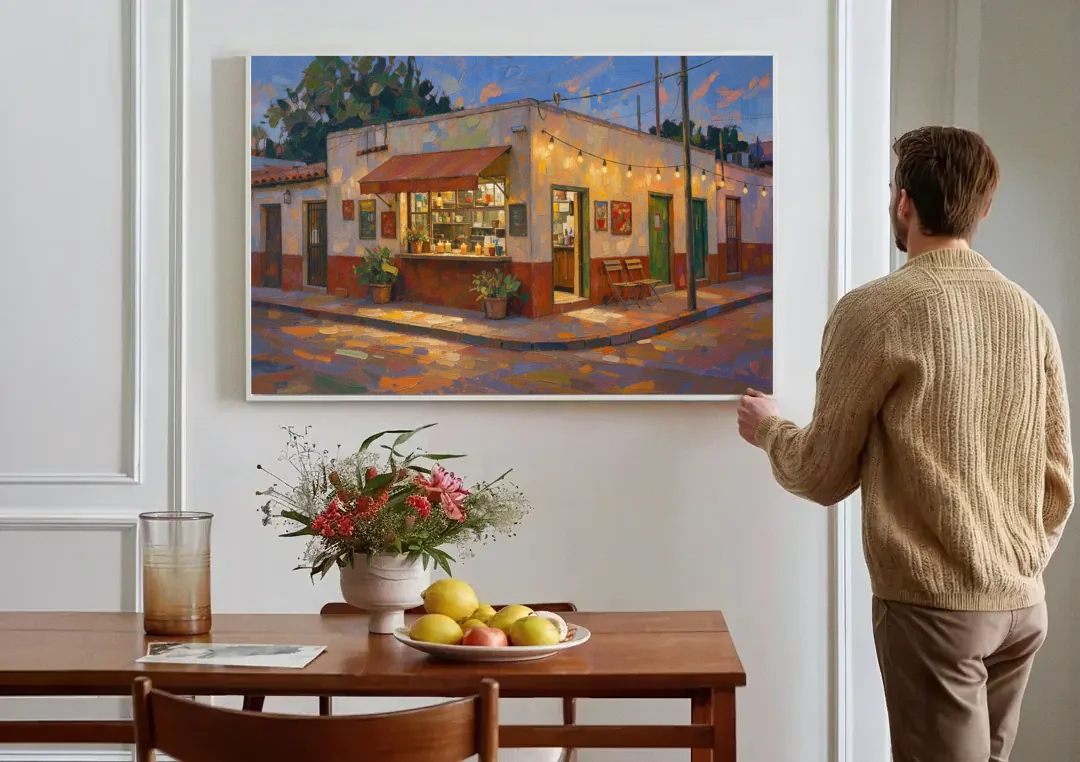 Mexican Restaurant Decor Taqueria Corner at Dusk canvas wall art above a dining table