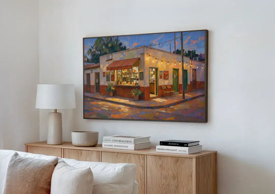 Mexican Restaurant Decor Taqueria Corner at Dusk canvas wall art above a wooden sideboard next to a sofa