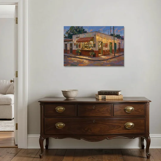 Mexican Restaurant Decor Taqueria Corner at Dusk - Canvas Wall Art - Coffee Table - 36x24