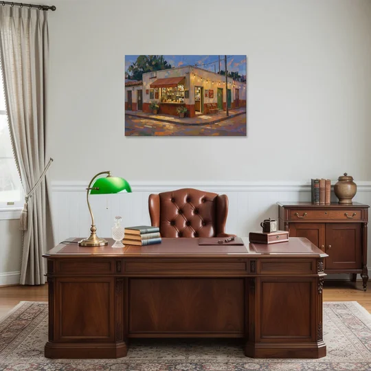 Mexican Restaurant Decor Taqueria Corner at Dusk - Canvas Wall Art - Office - 36x24