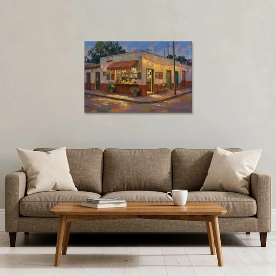 Mexican Restaurant Decor Taqueria Corner at Dusk - Canvas Wall Art - Sofa - 36x24