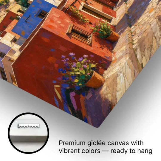 Mexican Village Painting With Hilltop Bell Tower - Canvas Wall Art - Gallery Wrap Corner