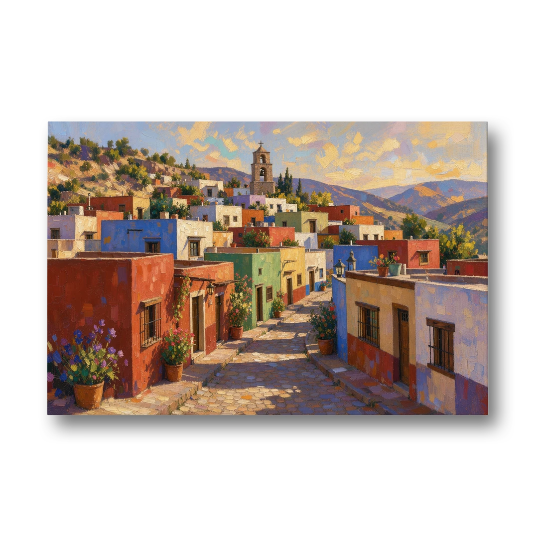 Mexican Village Painting With Hilltop Bell Tower - Canvas Wall Art - Front