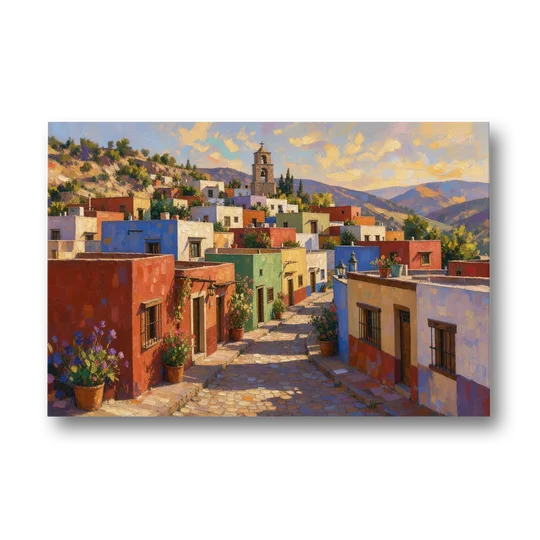 Mexican Village Painting With Hilltop Bell Tower - Canvas Wall Art - Front