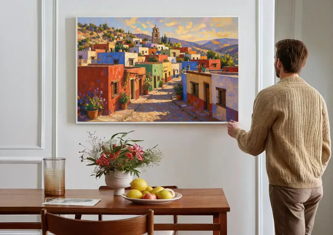 Mexican Village Painting With Hilltop Bell Tower canvas wall art above a dining table
