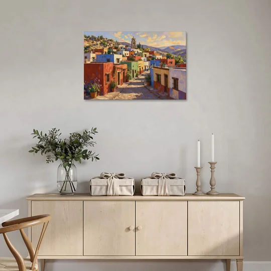 Mexican Village Painting With Hilltop Bell Tower - Canvas Wall Art - Coffee Table - 36x24
