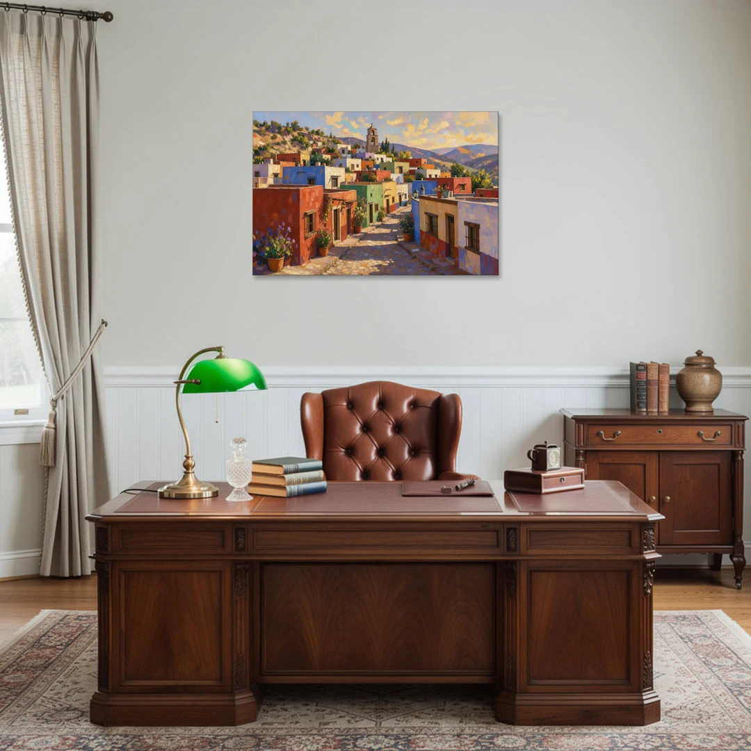 Mexican Village Painting With Hilltop Bell Tower - Canvas Wall Art - Office - 36x24