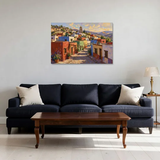 Mexican Village Painting With Hilltop Bell Tower - Canvas Wall Art - Sofa - 36x24