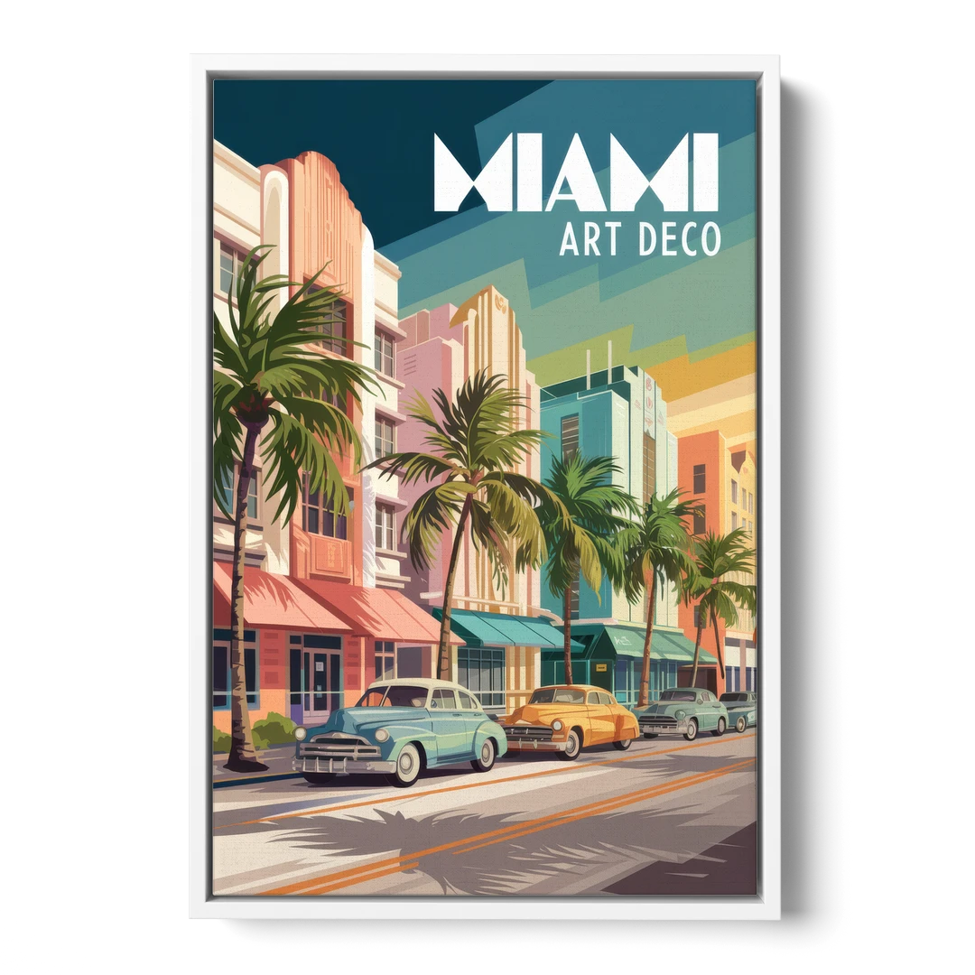 Miami Art Deco District - White Framed Canvas Wall Art - Front