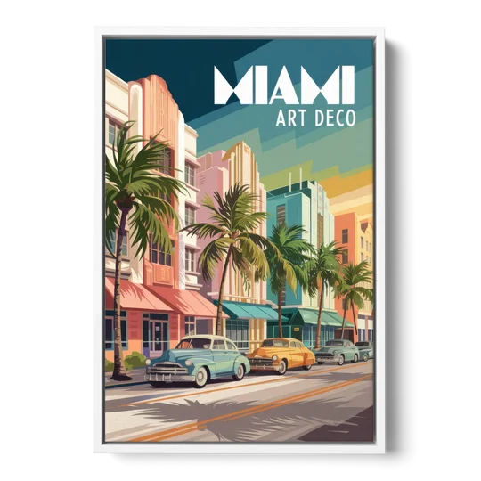 Miami Art Deco District - White Framed Canvas Wall Art - Front