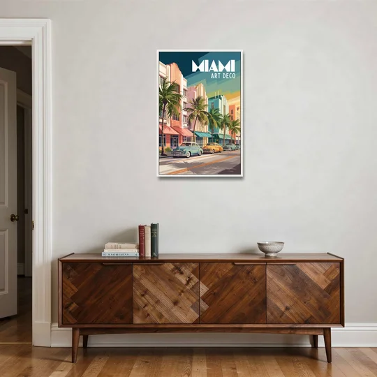 Miami Art Deco District - White Framed Canvas Wall Art - Coffee Table - 24x36