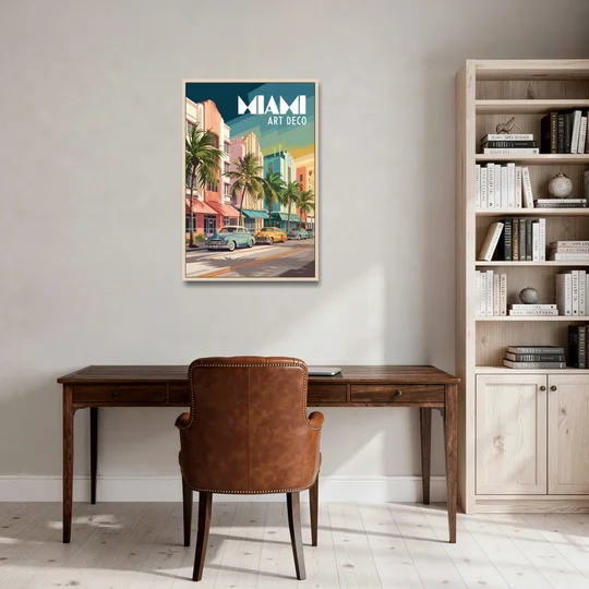 Miami Art Deco District - Oak Framed Canvas Wall Art - Office - 24x36