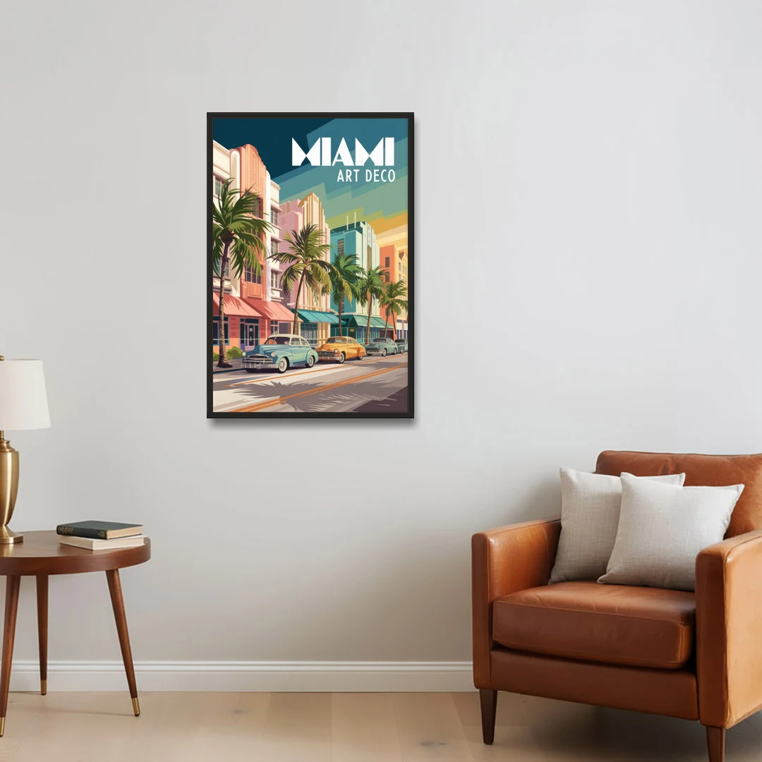 Miami Art Deco District - Black Framed Canvas Wall Art - Sofa - 24x36
