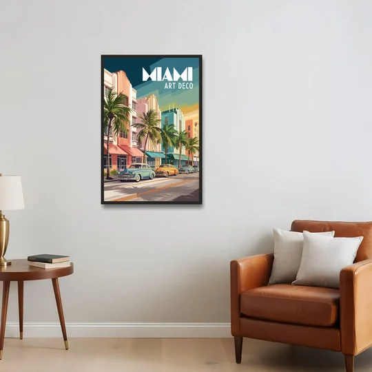 Miami Art Deco District - Black Framed Canvas Wall Art - Sofa - 24x36