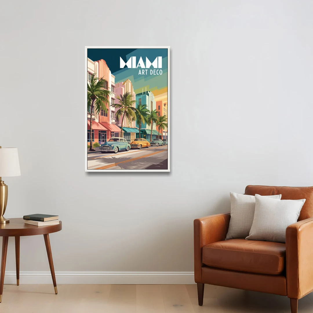 Miami Art Deco District - White Framed Canvas Wall Art - Sofa - 24x36