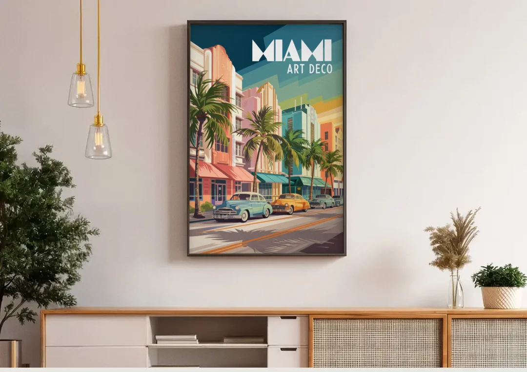 Miami Art Deco District canvas wall art above a wooden sideboard under pendant lights