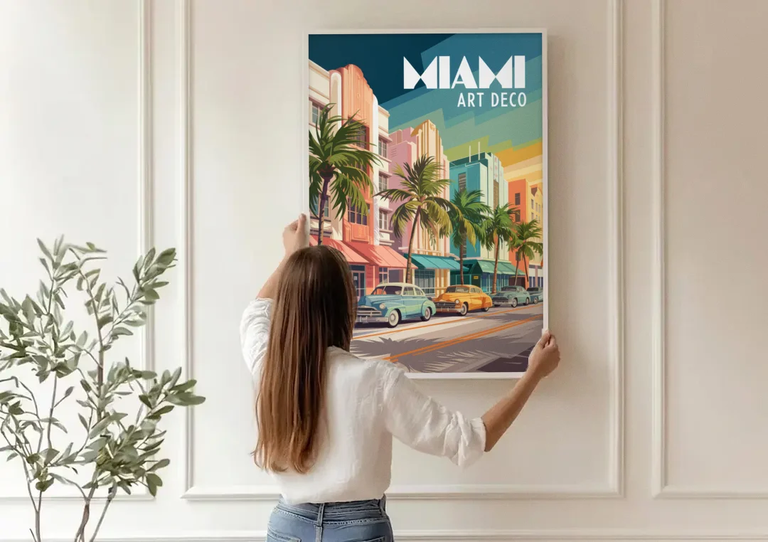 Miami Art Deco District canvas wall art being hung on a paneled wall