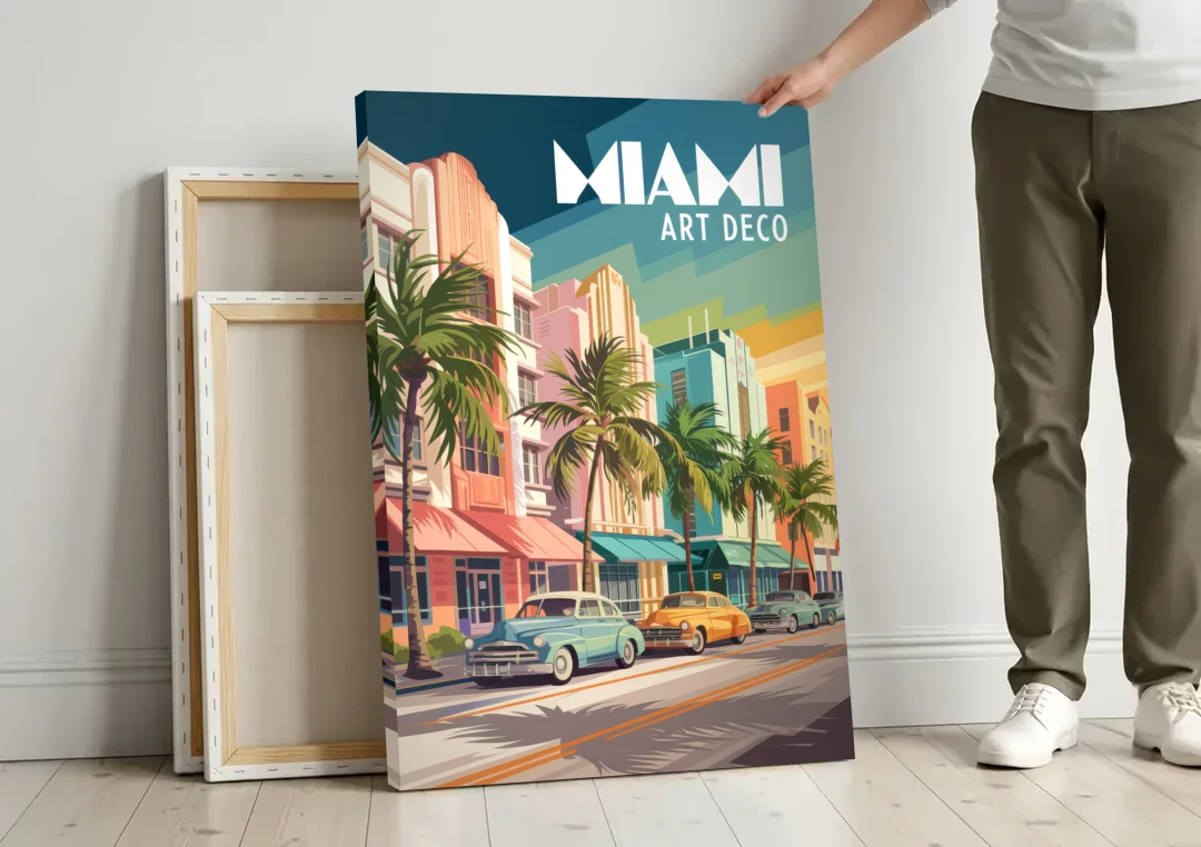 Miami Art Deco District canvas wall art leaning against a wall next to blank canvases