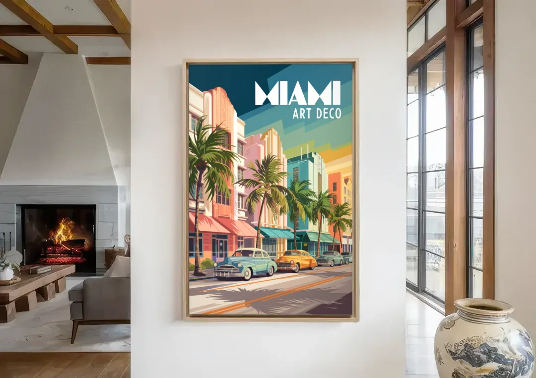 Miami Art Deco District canvas wall art in a living room with a fireplace