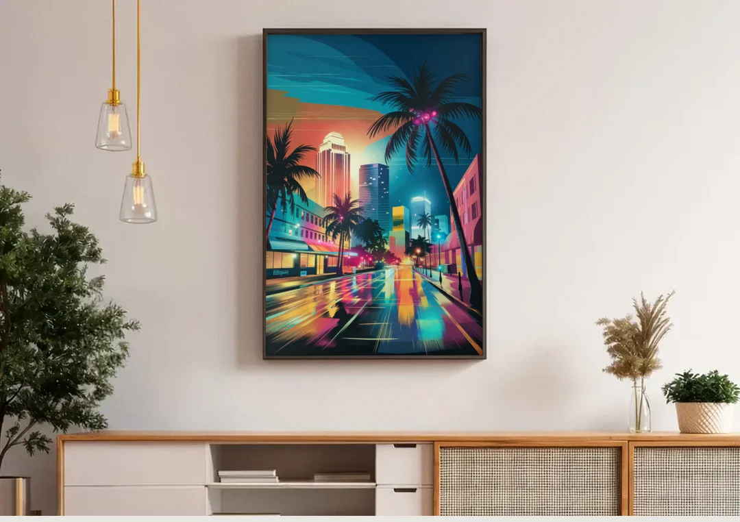 Miami Artistic Streets canvas wall art above a wooden sideboard under pendant lights