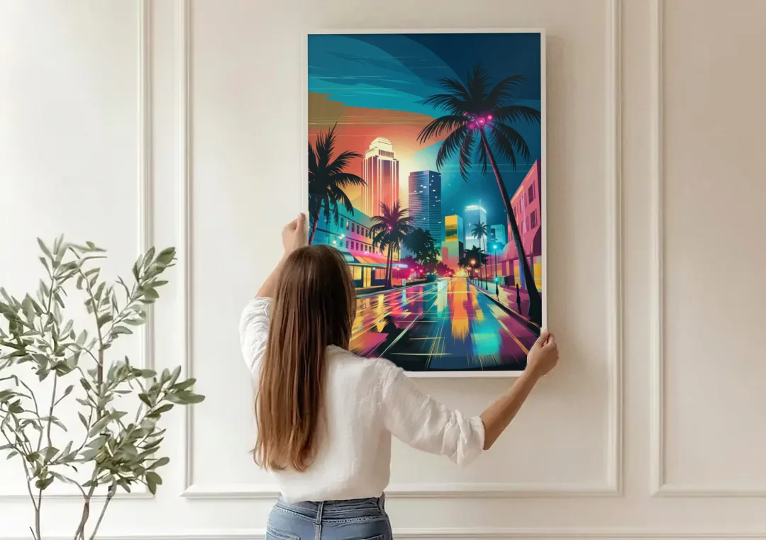 Miami Artistic Streets canvas wall art being hung on a paneled wall