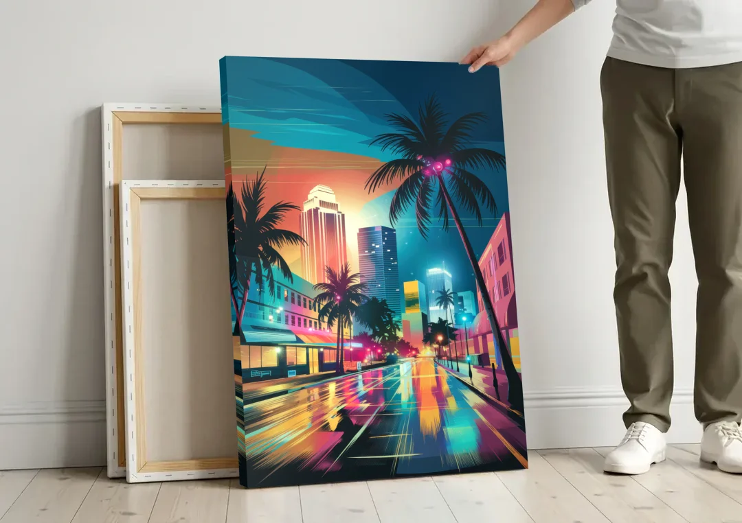Miami Artistic Streets canvas wall art leaning against a wall next to blank canvases