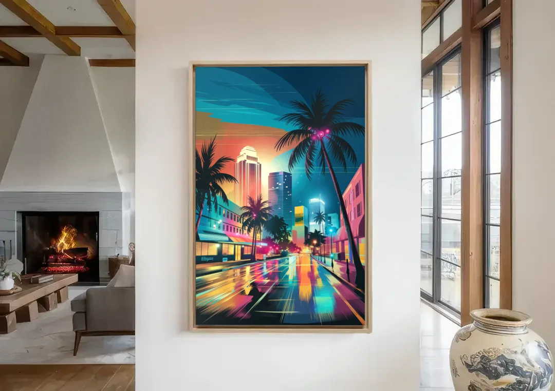 Miami Artistic Streets canvas wall art in a living room with a fireplace