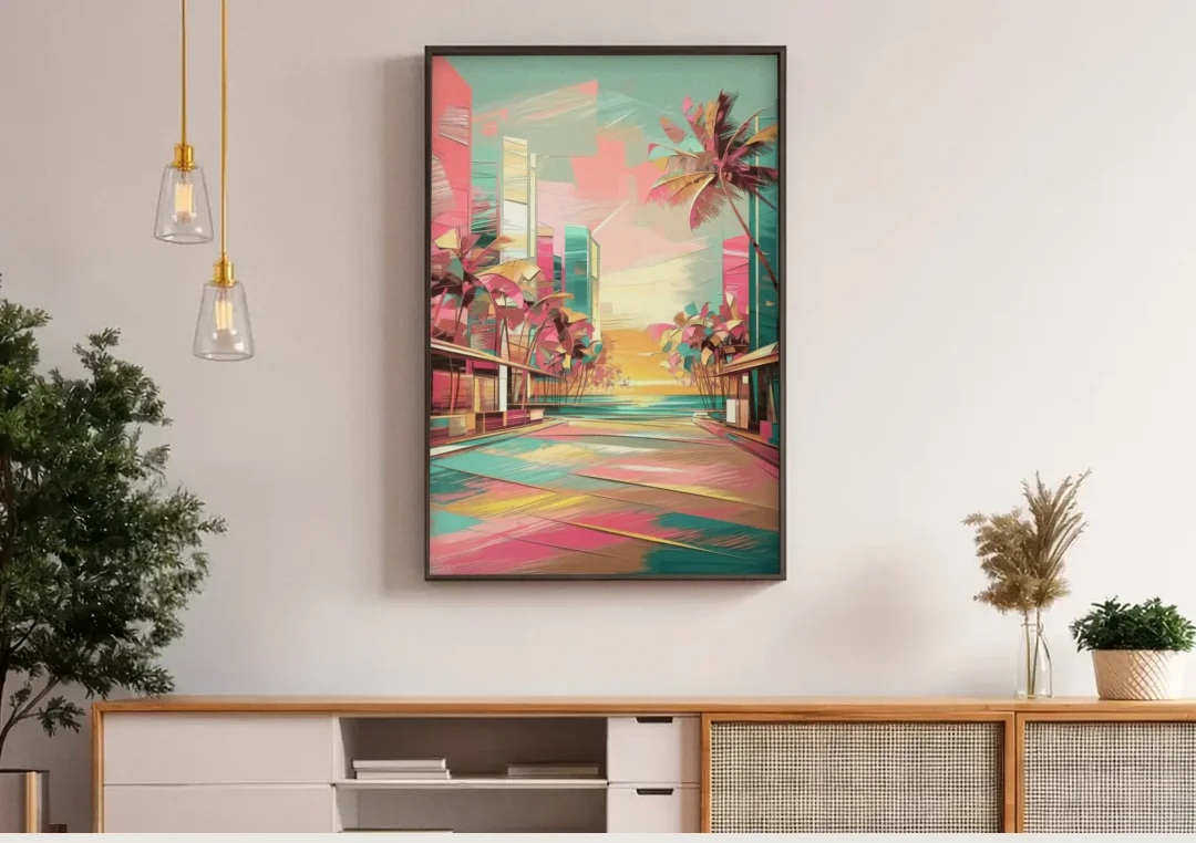 Miami Beach Vibes canvas wall art above a wooden sideboard under pendant lights