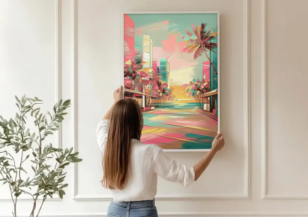 Miami Beach Vibes canvas wall art being hung on a paneled wall