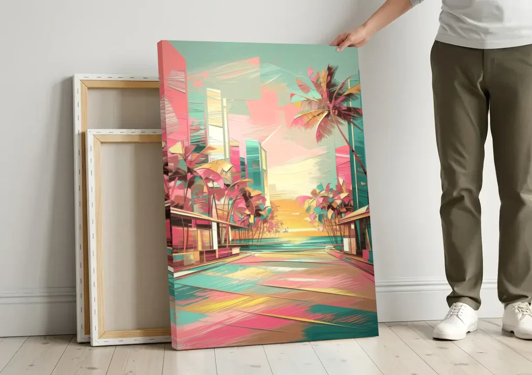Miami Beach Vibes canvas wall art leaning against a wall next to blank canvases