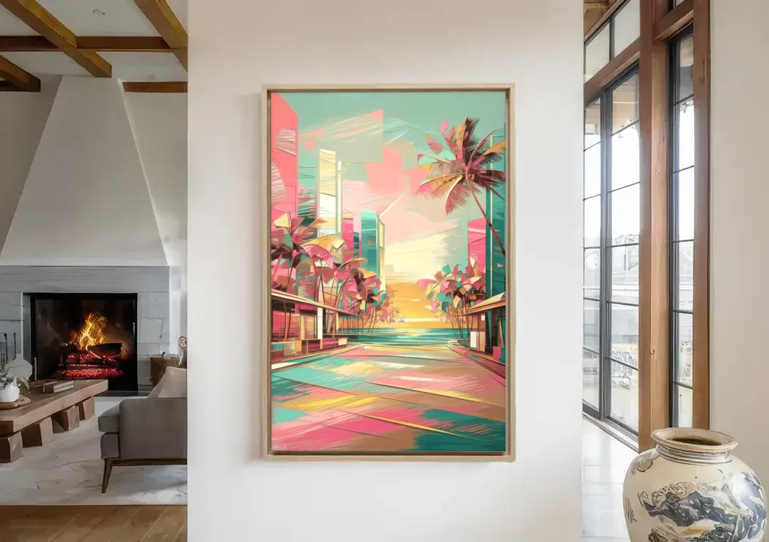 Miami Beach Vibes canvas wall art in a living room with a fireplace