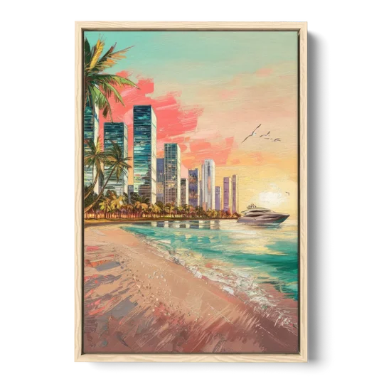 Miami Beachfront Horizon - Oak Framed Canvas Wall Art - Front