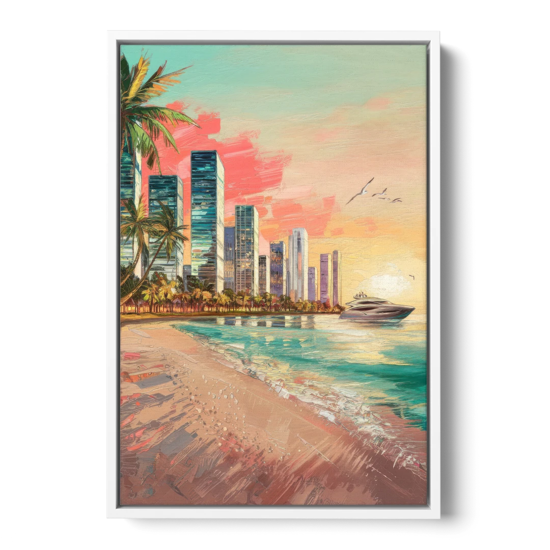 Miami Beachfront Horizon - White Framed Canvas Wall Art - Front