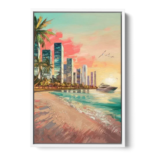 Miami Beachfront Horizon - White Framed Canvas Wall Art - Front
