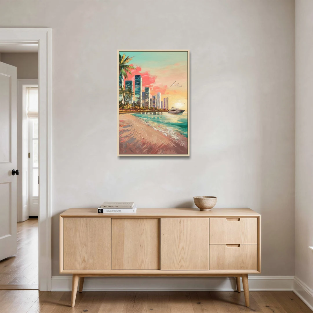 Miami Beachfront Horizon - Oak Framed Canvas Wall Art - Coffee Table - 24x36