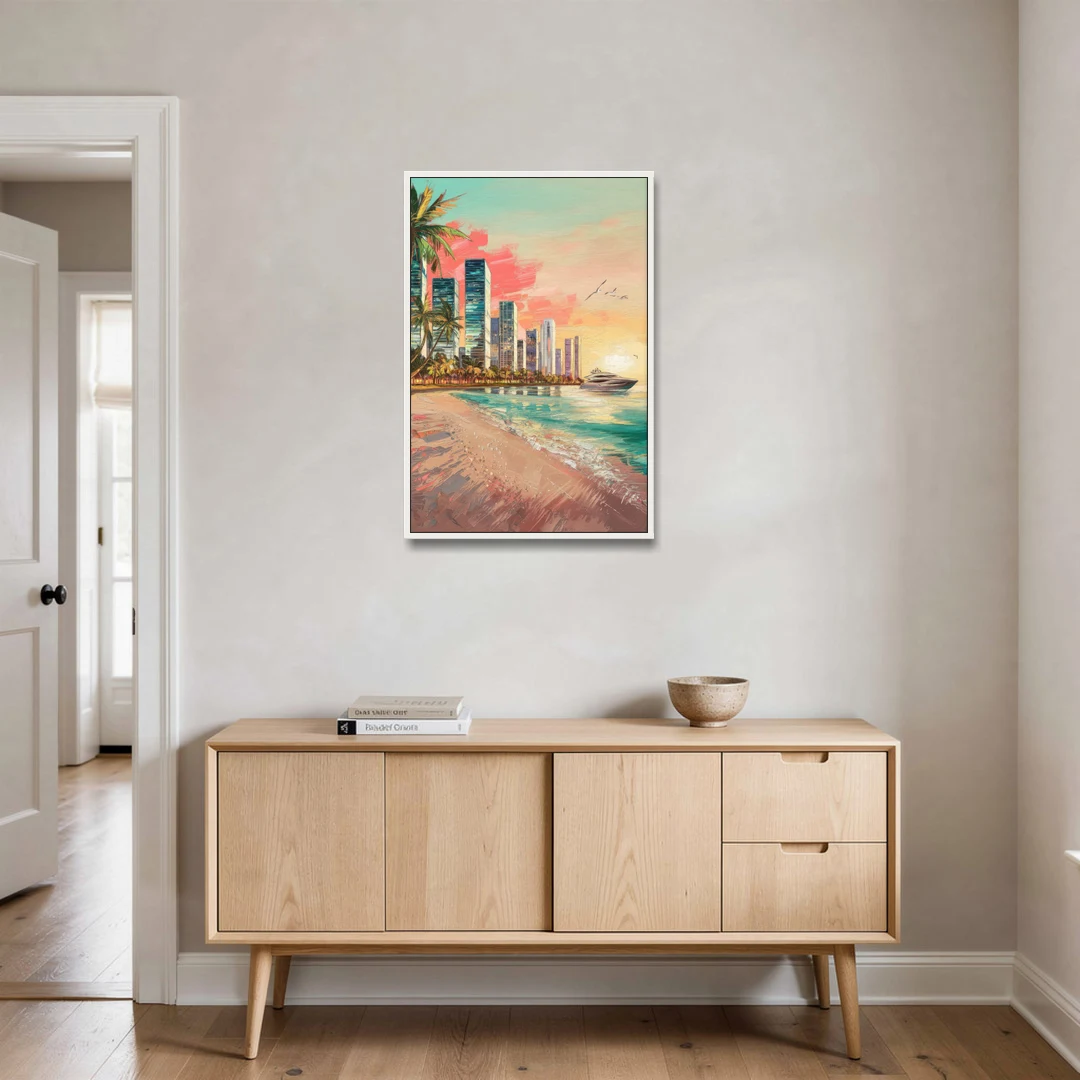 Miami Beachfront Horizon - White Framed Canvas Wall Art - Coffee Table - 24x36