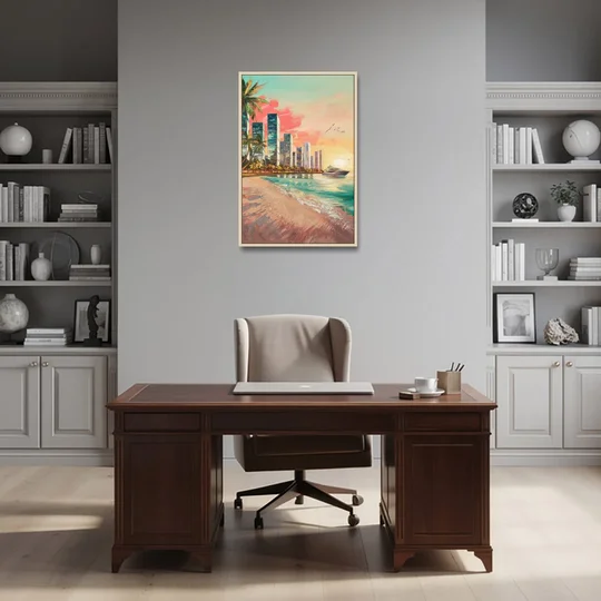 Miami Beachfront Horizon - Oak Framed Canvas Wall Art - Office - 24x36