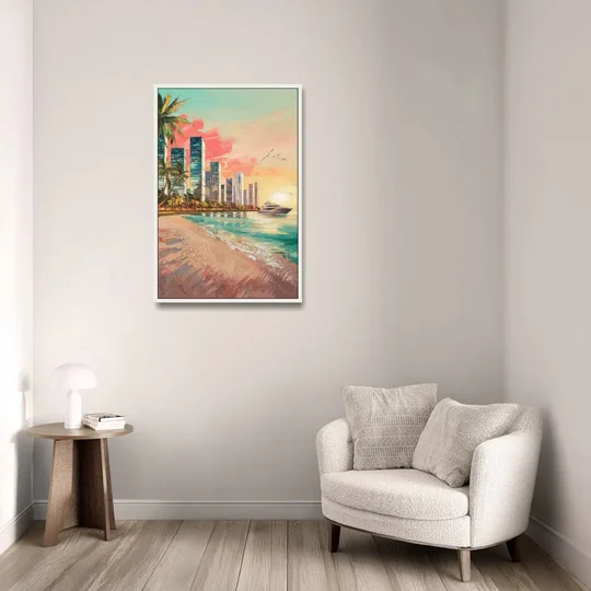 Miami Beachfront Horizon - White Framed Canvas Wall Art - Sofa - 24x36