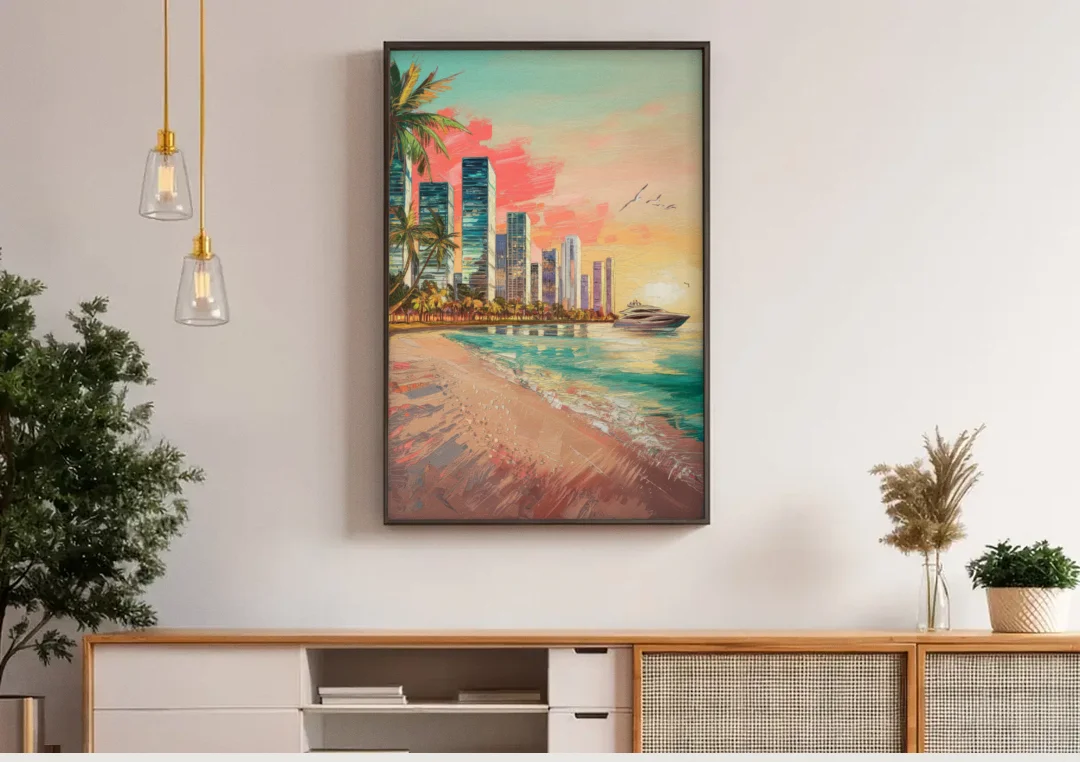 Miami Beachfront Horizon canvas wall art above a wooden sideboard under pendant lights