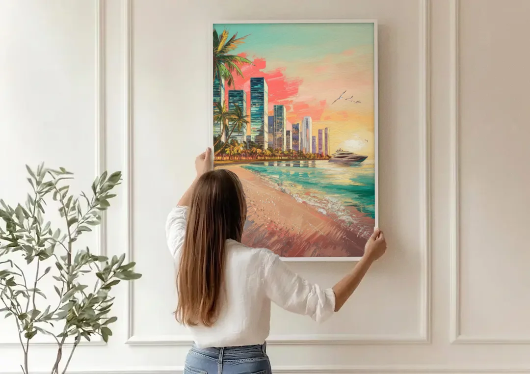 Miami Beachfront Horizon canvas wall art being hung on a paneled wall