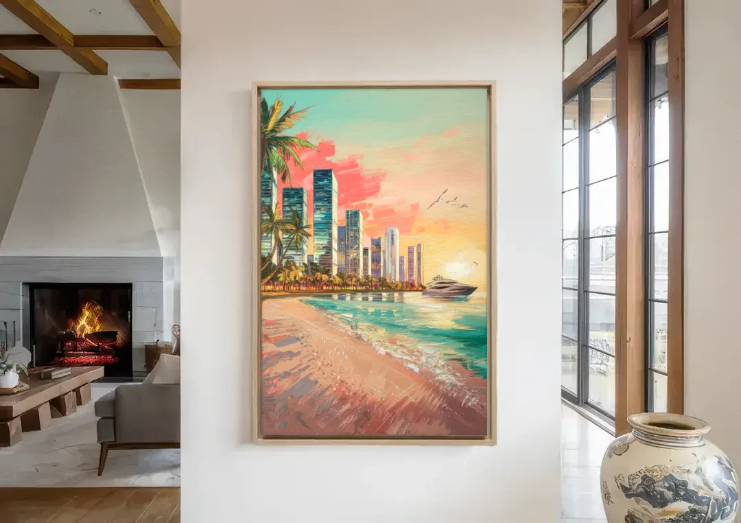 Miami Beachfront Horizon canvas wall art in a living room with a fireplace