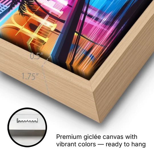 Miami Cityscape by Night - Oak Framed Canvas Wall Art - Gallery Wrap Corner