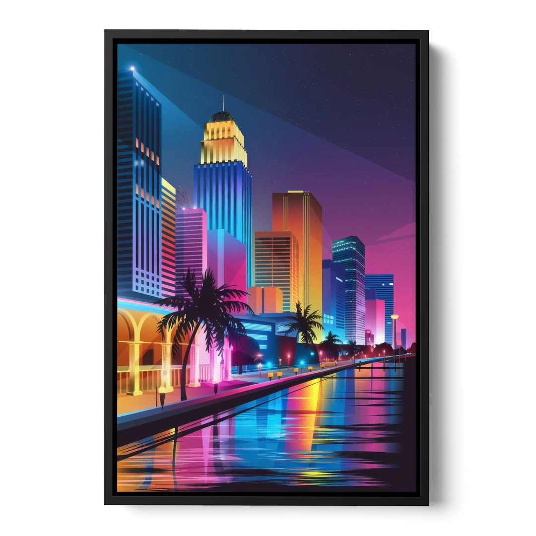 Miami Cityscape by Night - Black Framed Canvas Wall Art - Front