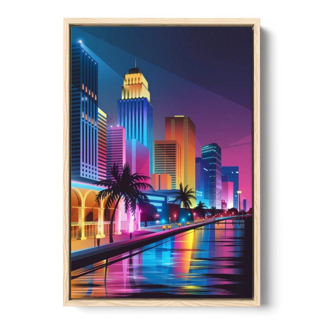 Miami Cityscape by Night - Oak Framed Canvas Wall Art - Front