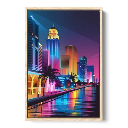Miami Cityscape by Night - Oak Framed Canvas Wall Art - Front