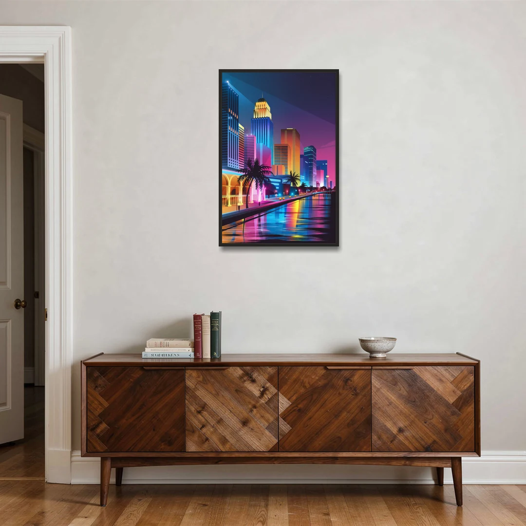 Miami Cityscape by Night - Black Framed Canvas Wall Art - Coffee Table - 24x36