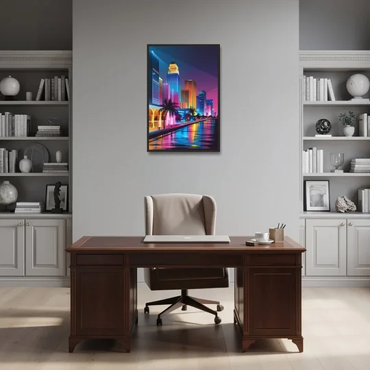 Miami Cityscape by Night - Black Framed Canvas Wall Art - Office - 24x36
