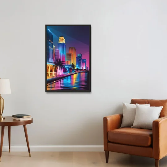 Miami Cityscape by Night - Black Framed Canvas Wall Art - Sofa - 24x36