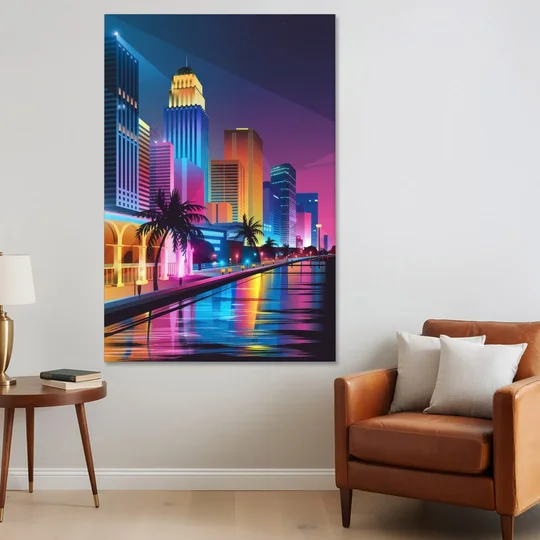 Miami Cityscape by Night - Canvas Wall Art - Sofa - 40x60
